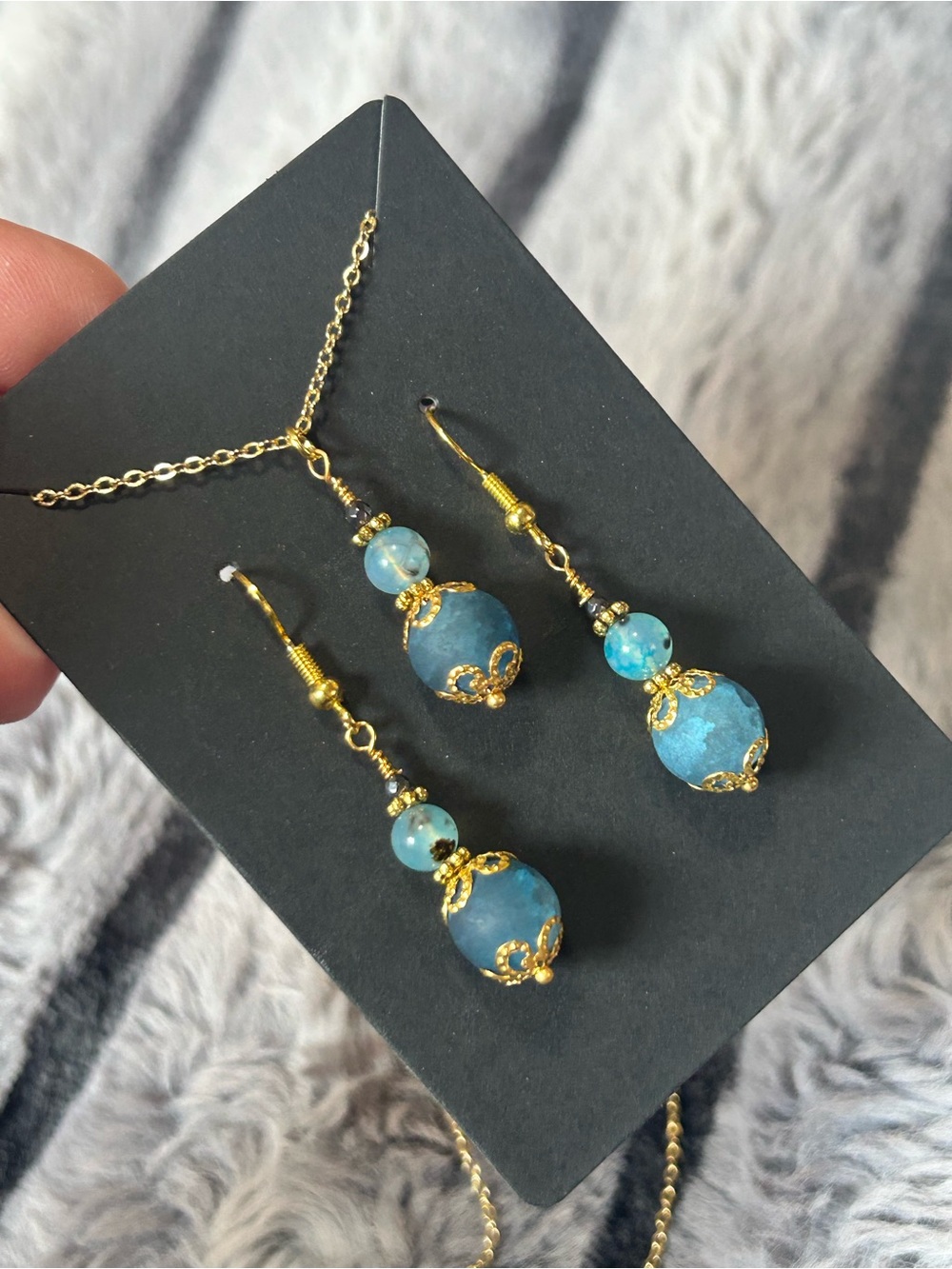 Handcrafted blue crackle glass dragon vein agate necklace and earring set